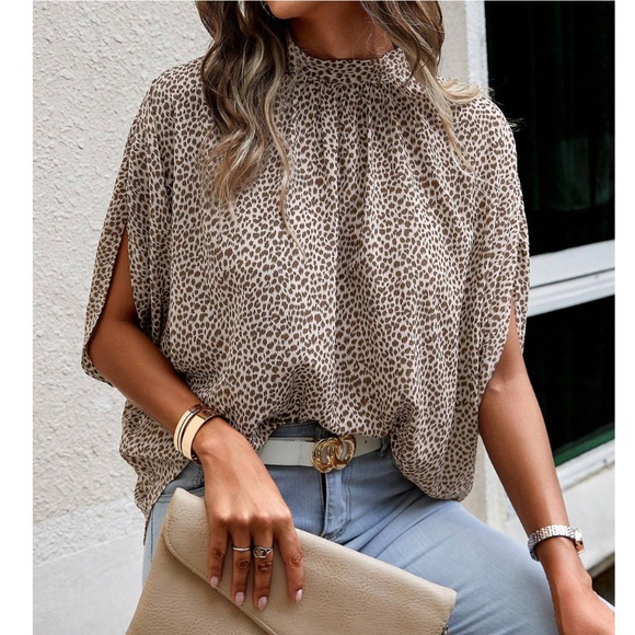 Spotted Print Beige Blouse Top Flowy, High Neck - Picture 1 of 13